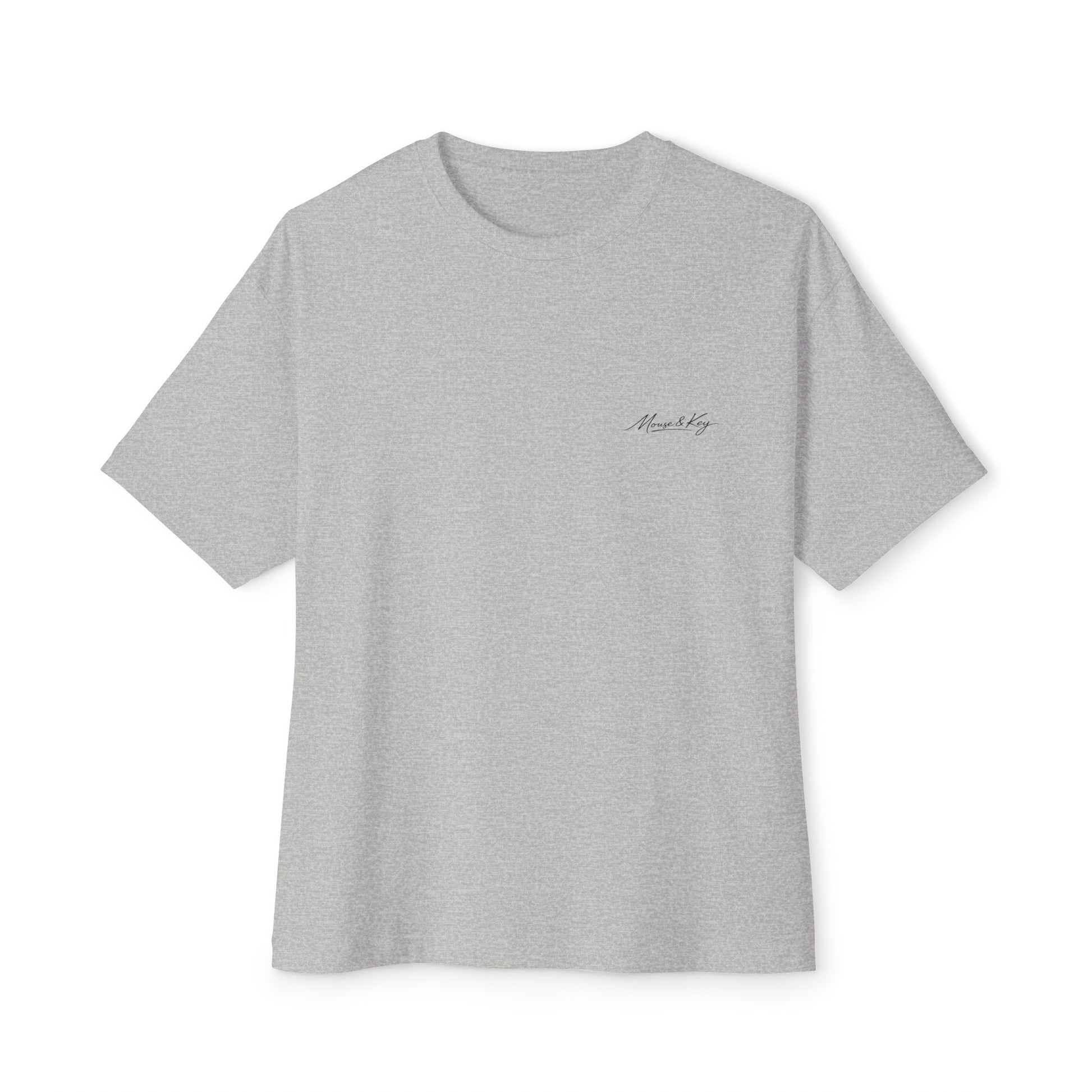 Front of athletic grey mental health awareness gaming shirt from the Mouse & Key Still Here Collection