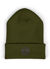 Olive embroidered Mouse & Key Blue Emblem gaming beanie with minimalist circular logo design