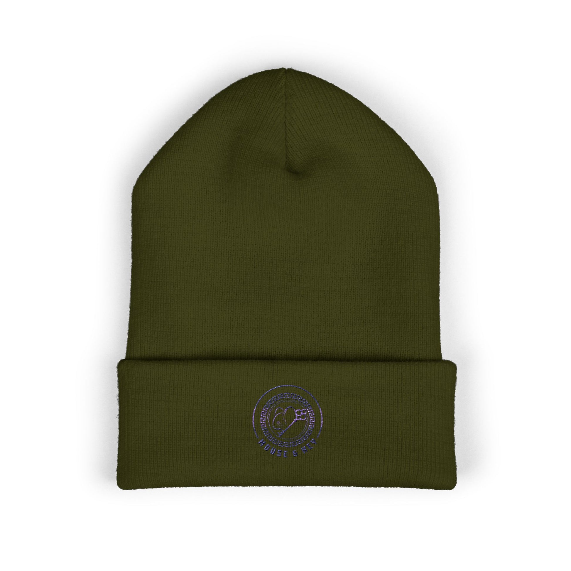 Olive embroidered Mouse & Key Blue Emblem gaming beanie with minimalist circular logo design