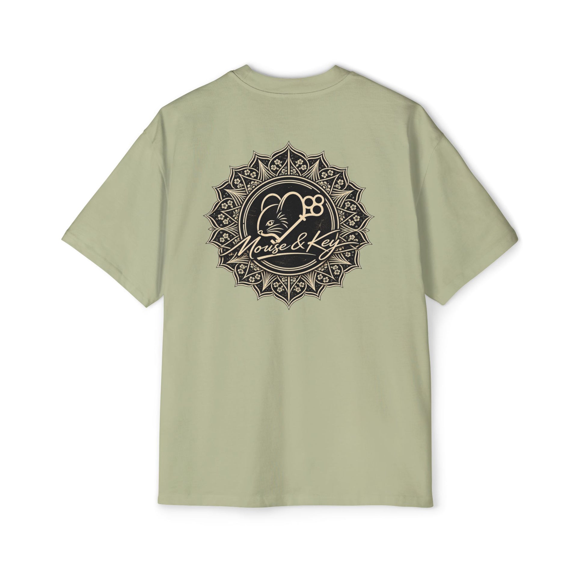 Back of Pistachio Mouse & Key Mandala oversized tee featuring intricate mandala mouse logo graphic design