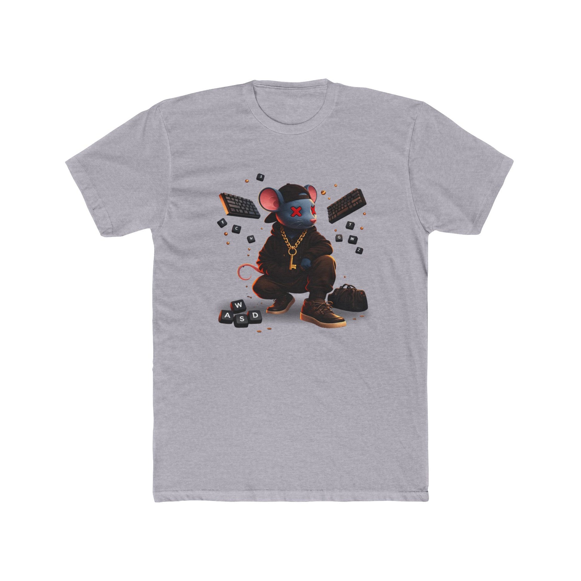 Front of heather grey Mouse Streetwear gaming t-shirt featuring mouse character graphic with WASD keys and keyboard artwork