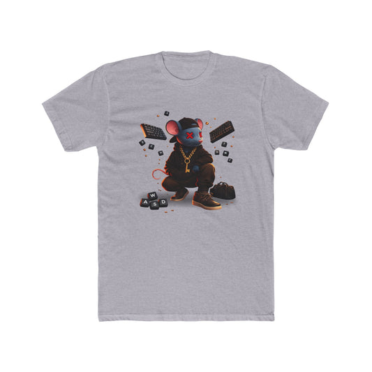 Front of heather grey Mouse Streetwear gaming t-shirt featuring mouse character graphic with WASD keys and keyboard artwork